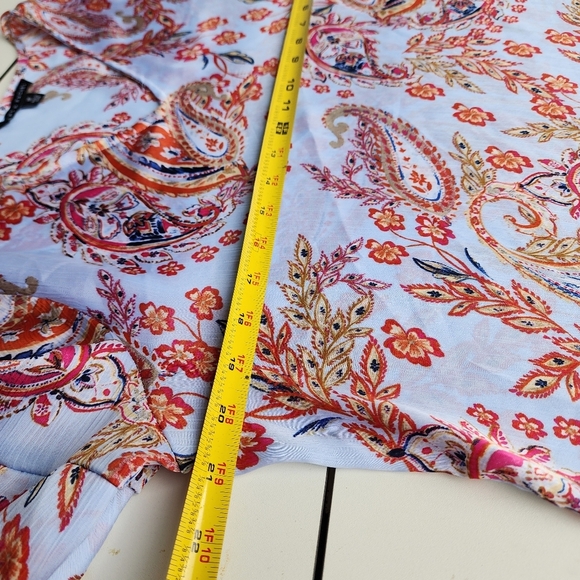 Zac & Rachel Light Blue Red Paisley Top  V-Neck Tunic Blouse Satin Bell Flare M - Picture 9 of 11